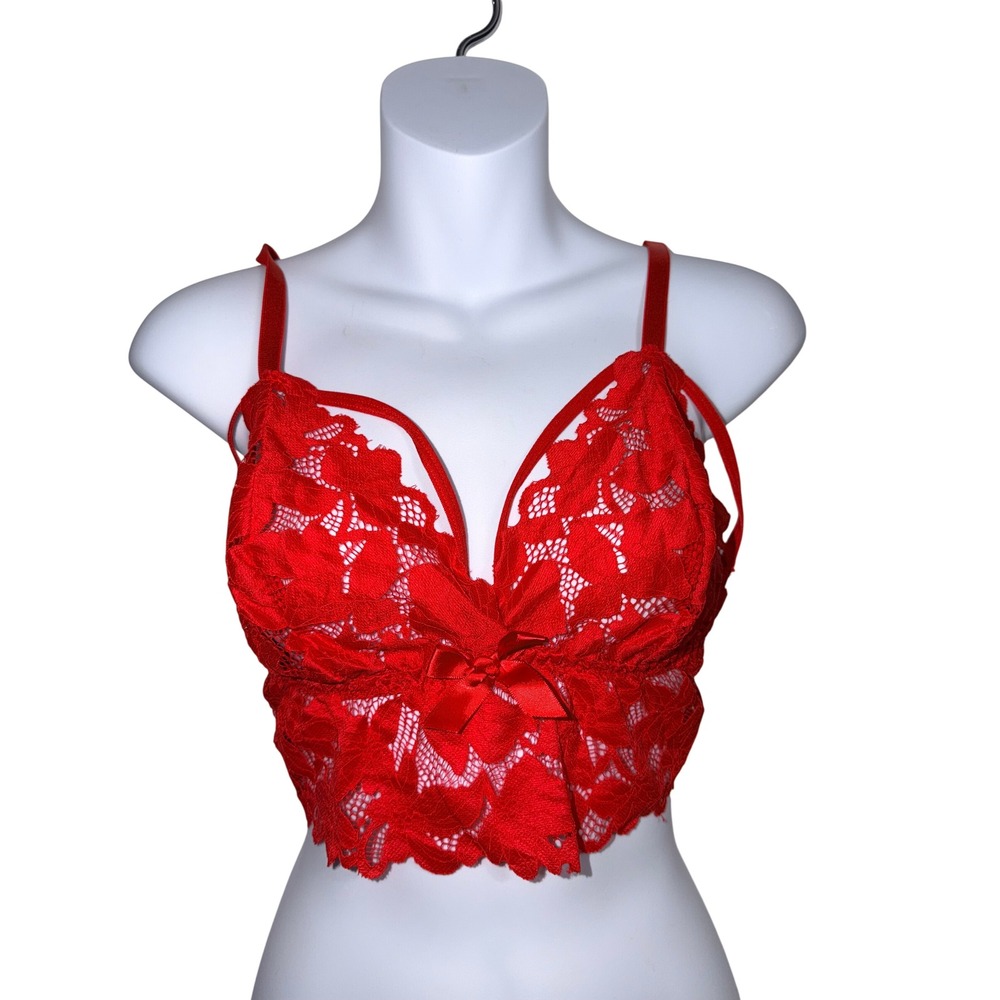 Red Floral Lace Longline Bralette Strappy Cage Bow Accent Top Size 0xl